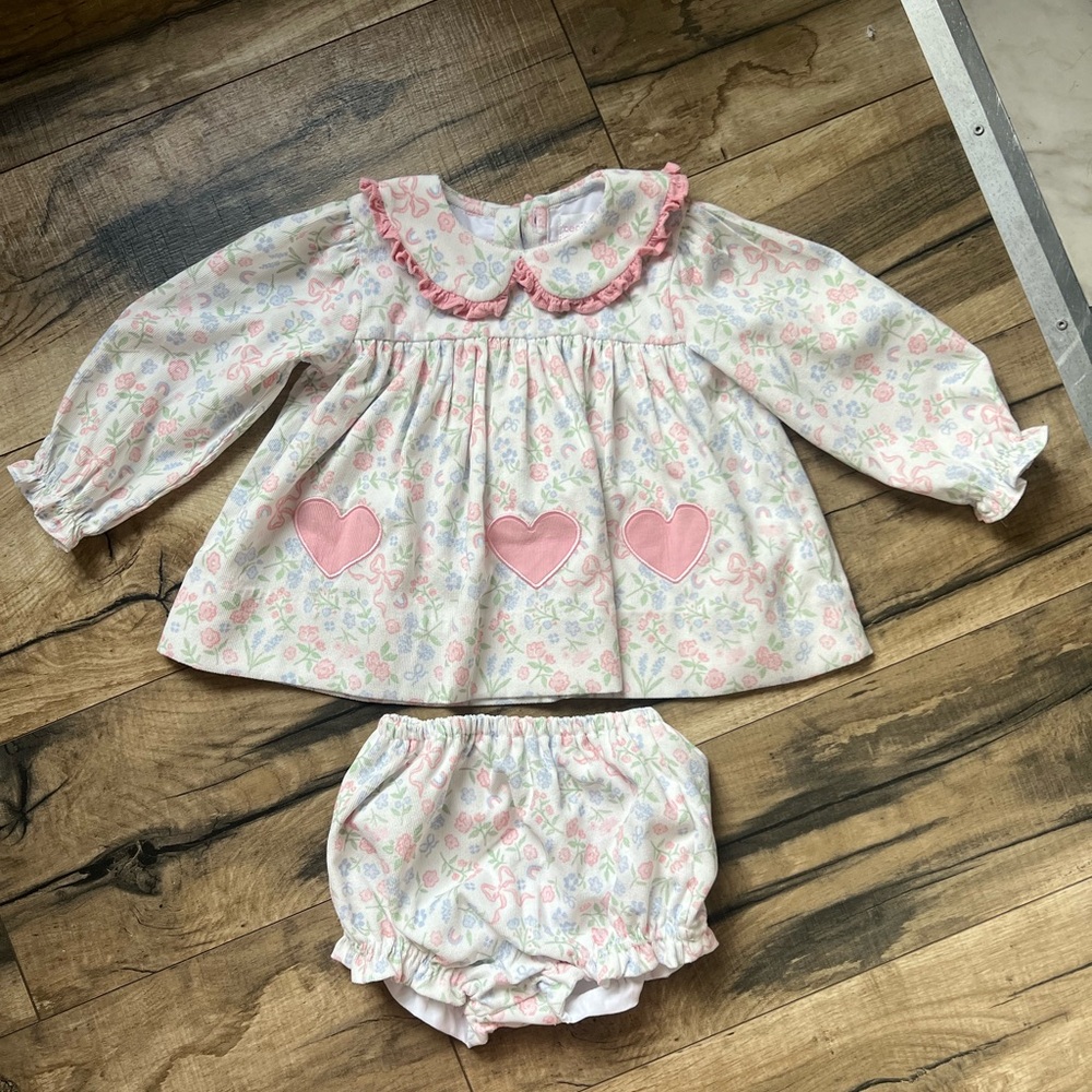 Cecil and Lou 
Pink And Blue Floral Corduroy Applique Heart Diaper Set